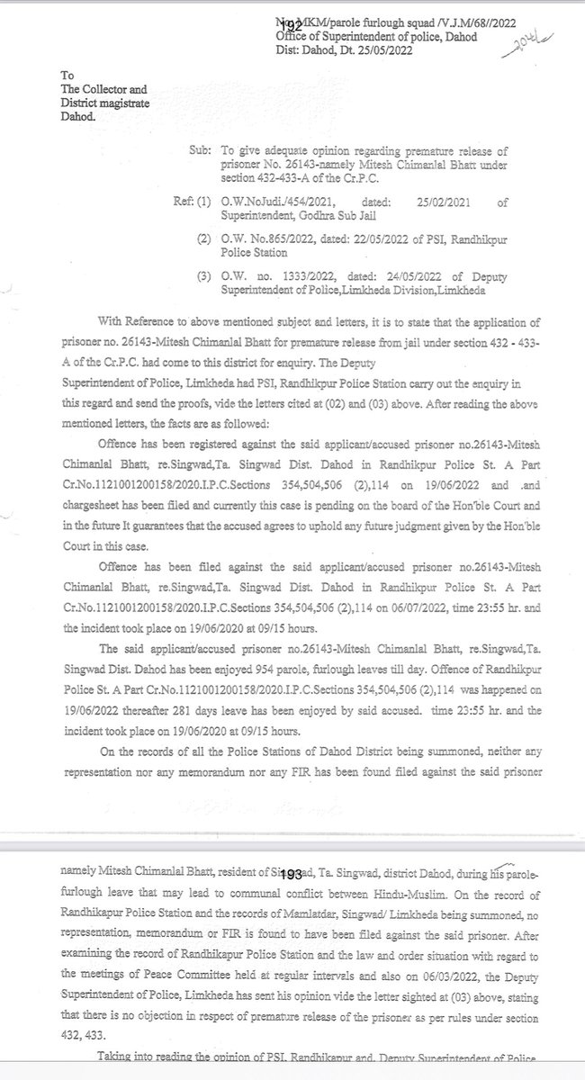 LiveLawIndia's tweet image. #BREAKING One of the convicts in #BilkisBano case Mitesh Chimanlal Bhatt is accused of committing an offence of outraging a woman’s modesty (Sec 354IPC) while out on parole during June 2020 &amp;amp; the said trial is pending, as per annexure in Gujarat Govt affidavit in #SupremeCourt