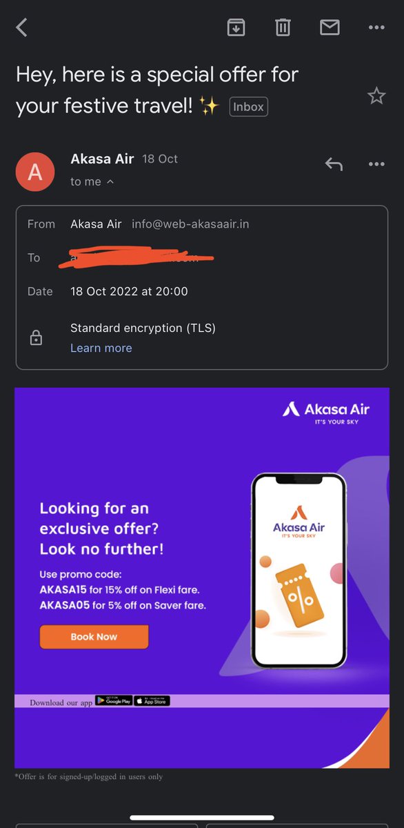 amulya349's tweet photo. @AkasaAir Stop spamming me !

Atleast give an unsubscribe link on email. 
Curious how @gmail didn’t tag this email as spam. https://t.co/LR8La2ULJY