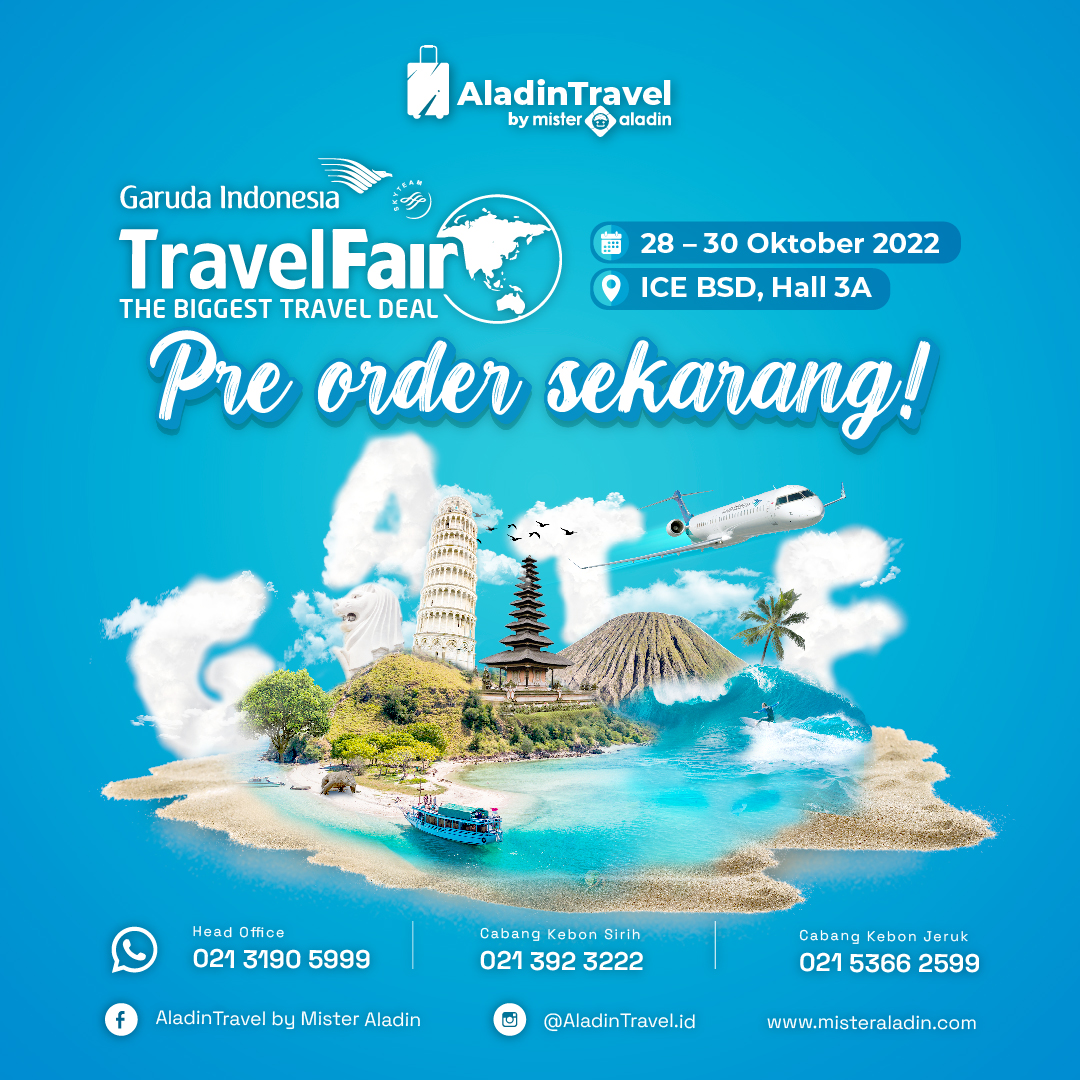 AladinTravelMA's tweet photo. Hai Aladiners!👋

Waktunya berburu tiket murah di Garuda Indonesia Travel Fair🎉🤩 tanggal 28 – 30 Oktober 2022! Tapi supaya nggak nunggu lama, pre order dari sekarang aja. ke hallo.aladintravel@mncgroup.com!

#garudaindonesia #gatf #travelfair #tiketpromo #AladinTravel https://t.co/EPD1RUT1WW
