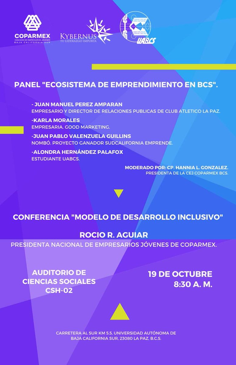 Nos vemos mañana con  <a href="/CoparmexBCS/">coparmexbcs</a> y <a href="/Kybernus/">Kybernus</a>  dentro del panel "Ecosistema de Emprendimiento en B.C.S". 

📍 A partir de las 8:30 a.m. en el Auditorio CSH - <a href="/UABCSoficial/">UABCS</a> 

¡GRACIAS A CPX y su presidente <a href="/gdiaztronco/">Gustavo Diaz Tronco</a> por la invitación!