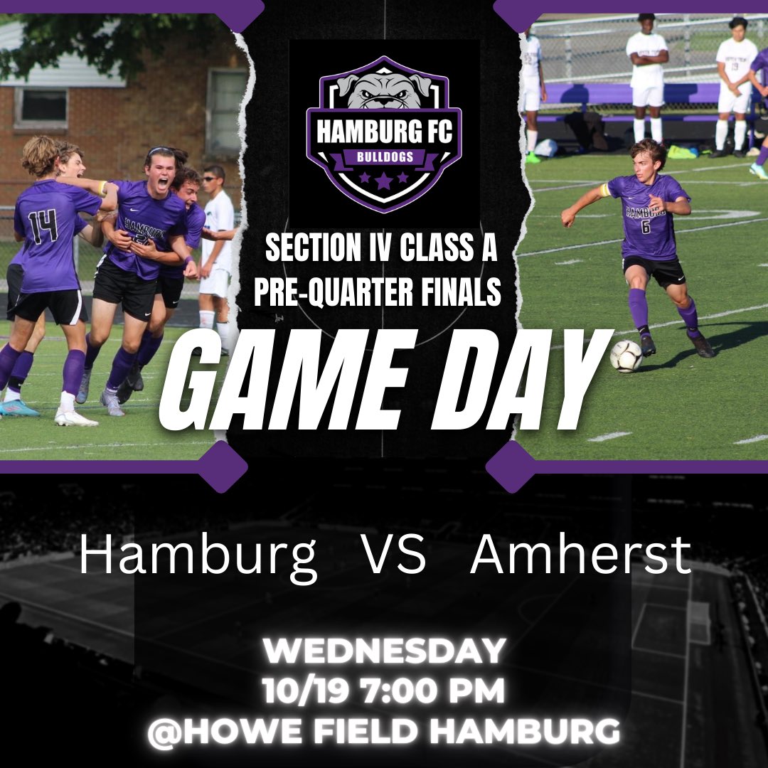 Hamburg_Soccer's tweet photo. SECTIONALS!  Come out and support your Bulldogs as they take on Amherst in the pre-quarterfinals!
Wednesday 10/18 @ 7:00 PM
📍Howe Field Hamburg
Be LOUD
Be PROUD
Be POSITIVE
GO DAWGS! https://t.co/PlomfEeFnl