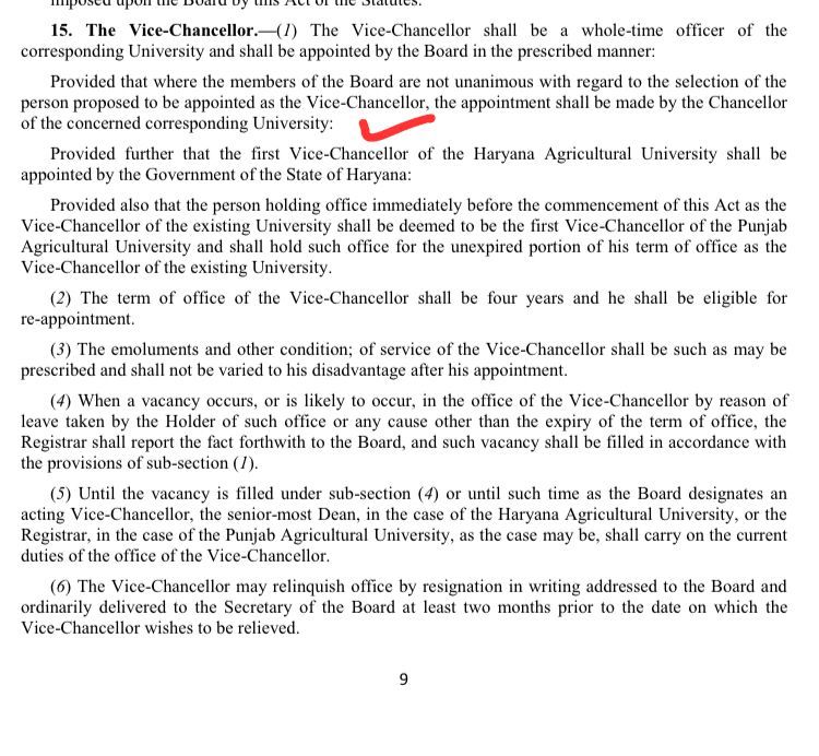 Chahalsimar571's tweet photo. According to Haryana and Punjab Agricultural Universities Act, 1970 appointment is only to be made by chancellor provided when the member of the board aren’t in agreement with each other…and all members agreed in this case.
#WeStandWithPAUVC https://t.co/HbOwIfrzrB