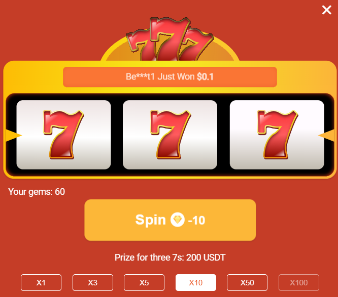 Why not purchase 50 gems for 2 USDT and have 5 spins with a x10 multiple. Go for the $200!
crazyjackpots.io