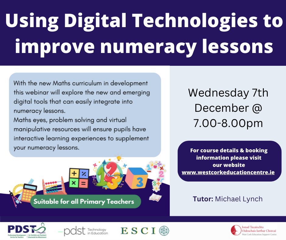 West Cork Education Centre are now taking bookings for this very informative numeracy workshop. Contact westcorkeducationcentre.ie directly to book your place. @WCEC1 @PDSTie