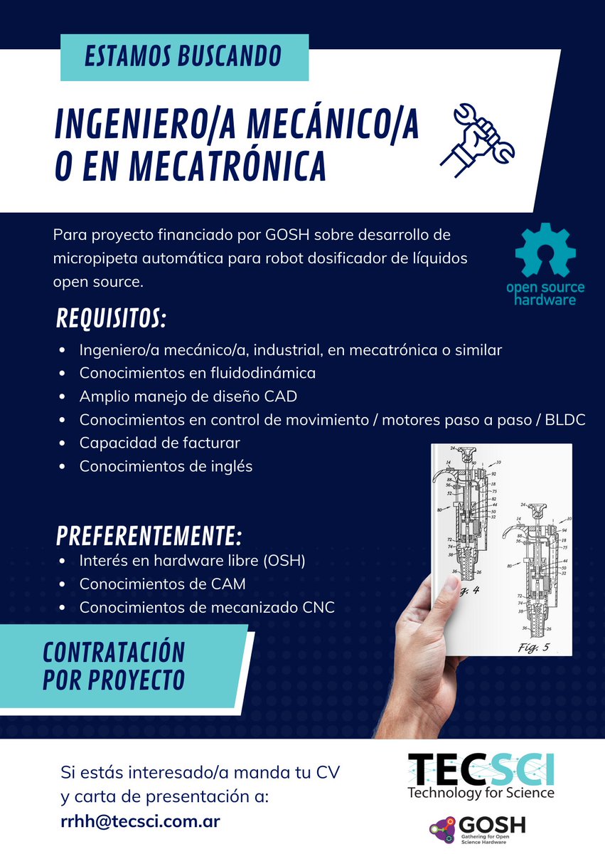Estamos buscando interesad@s en participar de proyecto de hardware libre financiado por <a href="/GOSHCommunity/">GOSH</a>. Si sos ingenier@ mecánic@ o similar y te apasiona el diseño de equipos de laboratorio, escribinos a rrhh@tecsci.com.ar ! 
<a href="/insunsam/">Instituto de Nanosistemas</a> <a href="/unsamoficial/">Universidad Nacional de San Martín</a> <a href="/sepasunsam/">Servicio de Empleo y Pasantías</a>