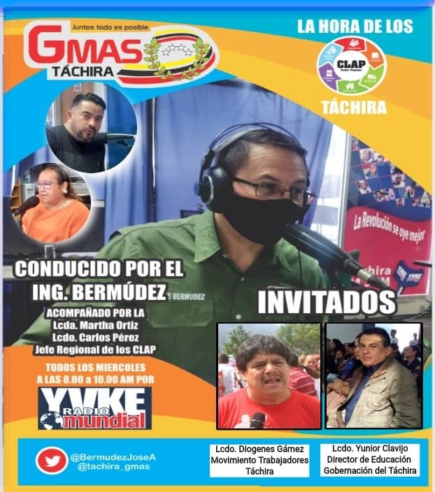 #26Oct A las 8 am los invitamos a sintonízar la 94.5 fm <a href="/YvkeTachira/">Yvke Tachira</a> "La Hora de los Clap", tendremos como invitados al Lcdo. <a href="/YuniorClavijoM/">CARLOS Y. CLAVIJO M.</a> Director de <a href="/DirEduTachira/">Dirección de Educación del Táchira</a> y al Lcdo. <a href="/GamezDiogenes/">DIOGENES GAMEZ MORALES</a> del Movimiento de Trabajadores del #Tachira 
#ClapTachiraIndetenible