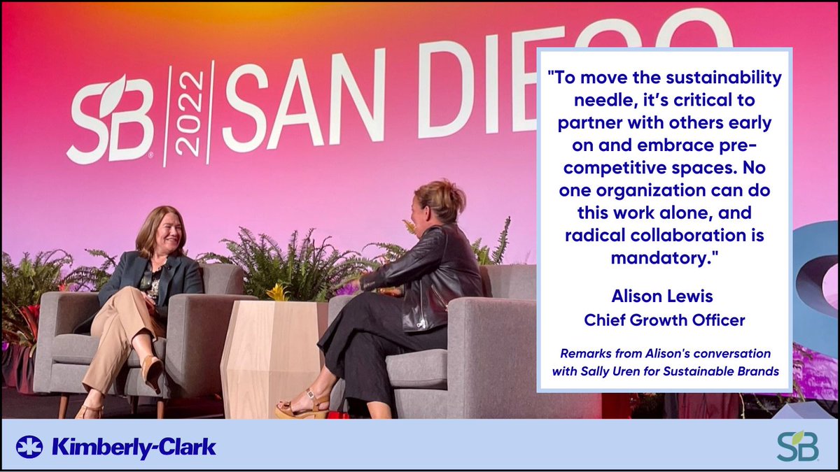 Alison Lewis, our chief growth officer, sat down with @sallyuren, the chief executive at @Forum4theFuture, for a fireside chat at the @SustainBrands ‘22 conference about how Kimberly-Clark is harnessing its pioneering spirit to build a better future. More: spr.ly/SB22SanDiego