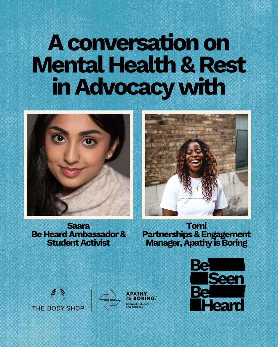 Tune in at 5PM EST today for a conversation with Be Heard Ambassador & Student Activist, @SaaraChaudry and @apathyisboring Partnerships & Engagement Manager, Tomi Ajele to discuss the importance of mental health and rest in advocacy for #MentalHealthMonth: ms.spr.ly/6017dbELV