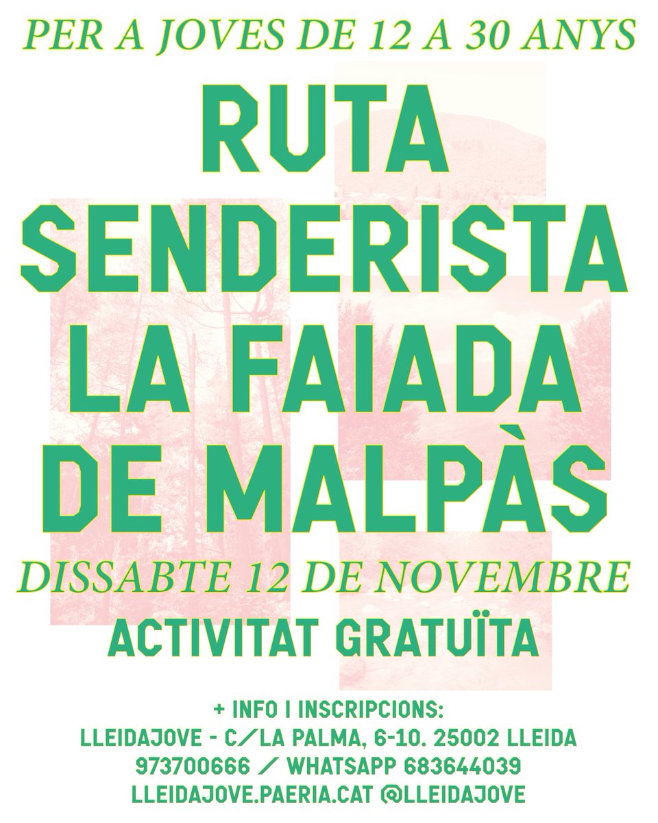 lleidaJove's tweet photo. 🔥 T'apuntes a fer el cim?
😍 Ruta Senderista a La Faiada de Malpàs!

💯 Dissabte, 12 de novembre

👉 Sortida gratuïta per a joves entre 12 i 30 anys!
🔴 Places Limitades! 

📯 Més informació i inscripcions:
lleidajove@paeria.cat
973 700 666 https://t.co/SNroZ5ve0l