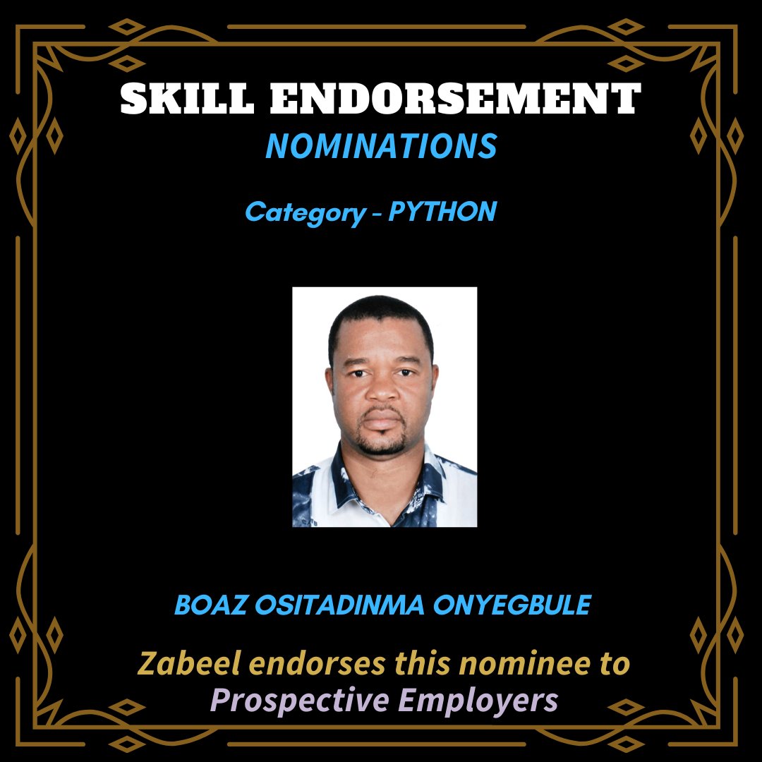zabeel_intl's tweet photo. Skill Endorsement
Zabeel Institute endorses Mr.Boaz Ositadinma  to the prospective employers for the skill &amp; knowledge he got trained for.
To know more: https://t.co/P4fEzmyjcl
#zabeelinstitute #Python #microsoftazurearchitectdesign #microsoftazurecourse #ccna #networking https://t.co/lqKh8DxixA