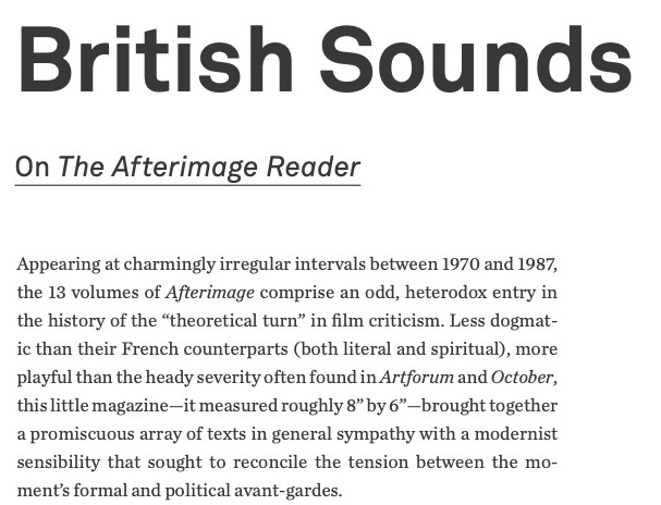 "Highly recommended! Not to be missed. Essential reading." Thanks @philcoldiron for a great review of "The Afterimage Reader" in the current issue of <a href="/CinemaScopeMag/">Cinema Scope</a> (CS92, Fall 2022). thevisiblepress.com/product/the-af…