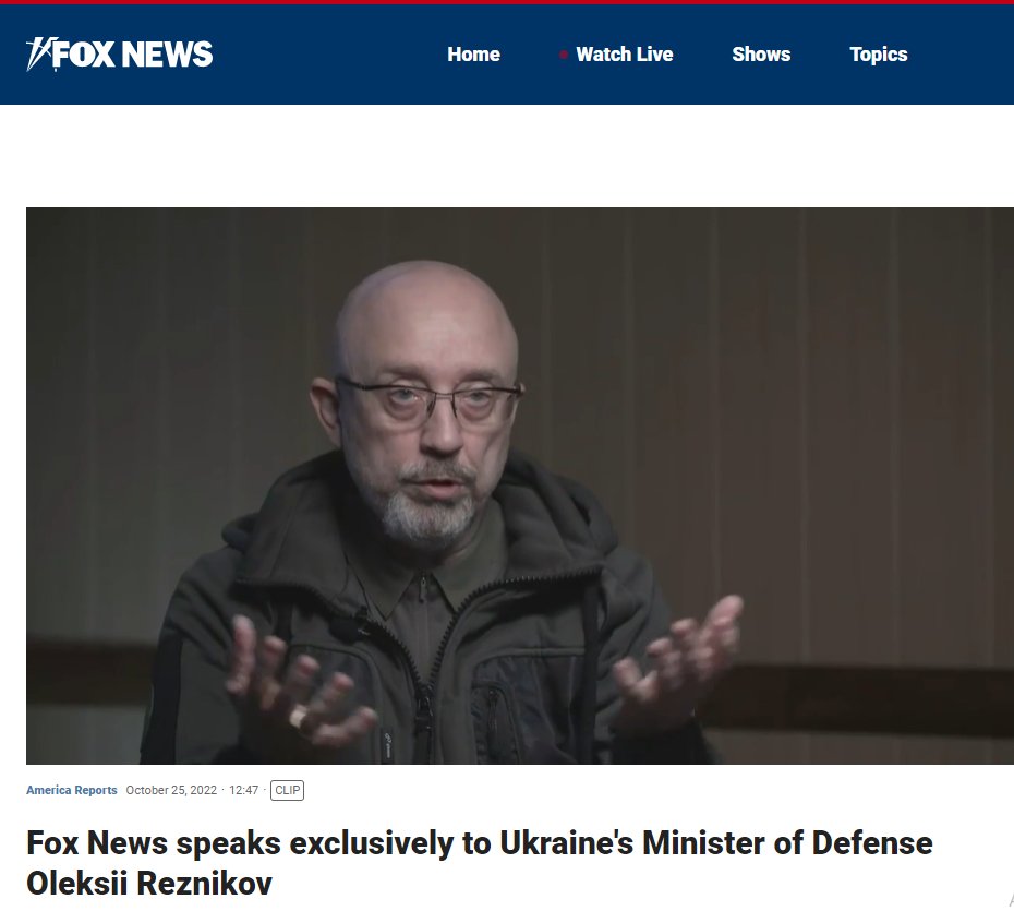 Fox News - Oleksiy #Reznikov, Minister of Defense of #Ukraine. The rains slowed down the Ukrainian offensive in the #Kherson region a little, but we use the tactics of liberating our villages step by step and kilometer by kilometer #War_in_Ukraine