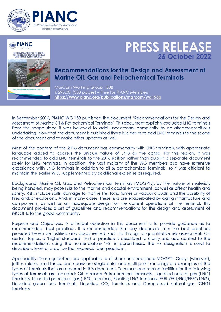 PIANC1's tweet photo. PIANC MarCom WG - 'Recommendations for the Design and Assessment of Marine Oil, Gas and Petrochemical Terminals' has been released! 
Get your copy!
👉 PIANC Members Only Section: https://t.co/vvfe6zei1d (members) 
👉 PIANC webshop: https://t.co/LYUgBOtdl6 (non-members) https://t.co/eqzEichGqa