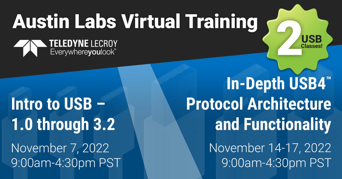 TeledyneLecroy's tweet photo. Become a #USB #protocol expert! Join #TeledyneLeCroy's #AustinLabs #USBProtocol #VirtualTrainings. Two options or register for both. 1) Intro to USB, November 7: https://t.co/23qyRVDRL6 2) #USB4, 4 day course, November 14-17: https://t.co/a9IOA5u1Uh https://t.co/hdHwpkJBY3