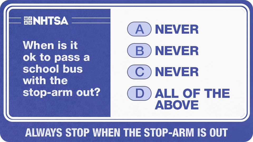 NHTSAgov's tweet photo. The easiest pop quiz you’ll ever take! 🛑 🚌 https://t.co/VIkNHLjUVx