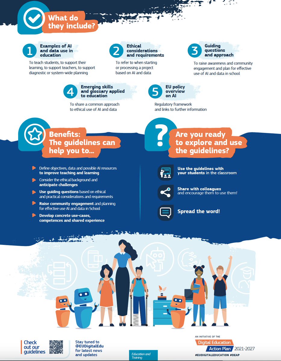 Por si os interesa, ayer la Comisión Europea publicó (en inglés) un documento (40 páginas) con directrices éticas sobre el uso de la inteligencia artificial (IA) y datos en la enseñanza y el aprendizaje op.europa.eu/en/publication… 
También hay una infografía 👉education.ec.europa.eu/document/infog…