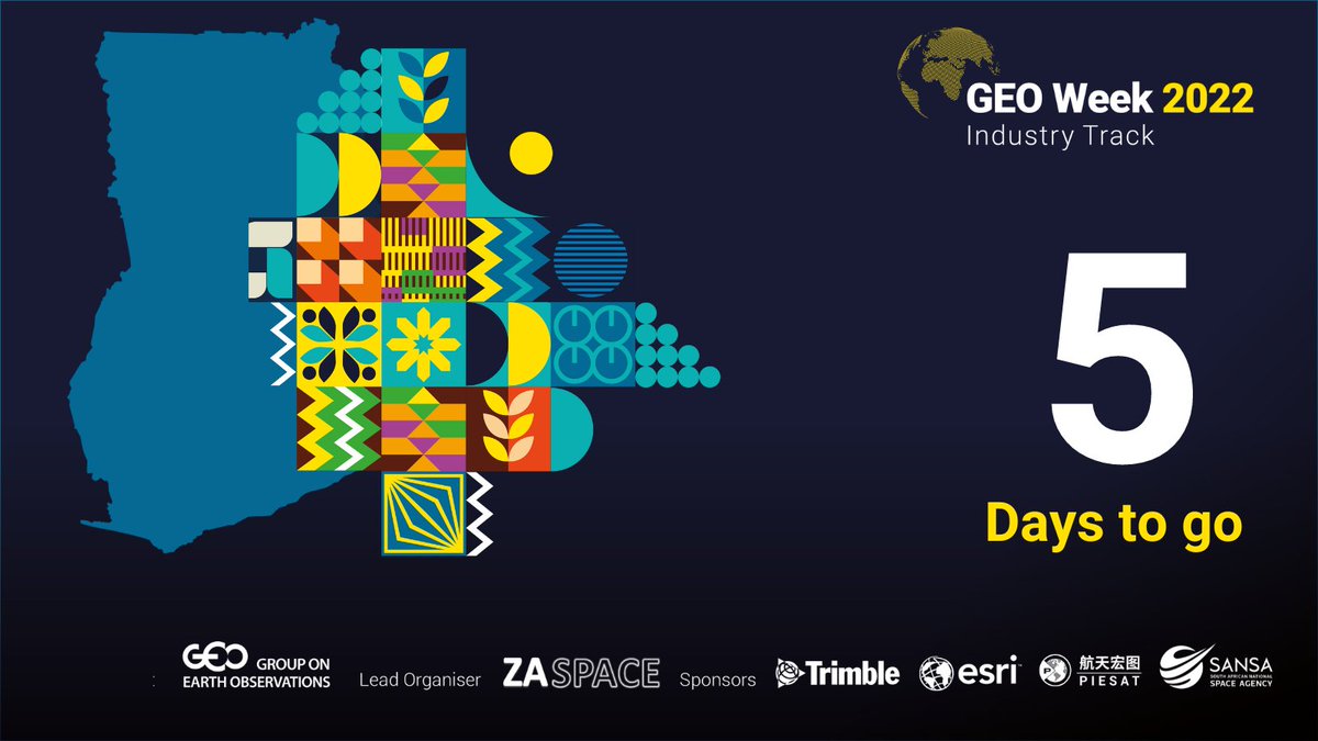 ZASpace_Inc's tweet image. 5 days to go until GEO Week Industry Track 2022 kicks off in Accra Ghana! Will you be joining this must-attend #Earthobservation annual event? 

If you are unable to attend in person, register to attend virtually: 
earthobservations.org/geoweek2022.php

#GEOWeek2022 #GEOWeek22Industry #Ghana