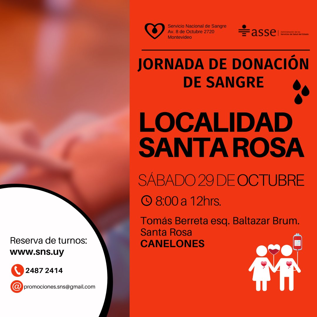 Jornada externa de Donación de Sangre SANTA ROSA
Agéndate en 👉 sns.uy 👈
#donasangredonavida #jornadasns