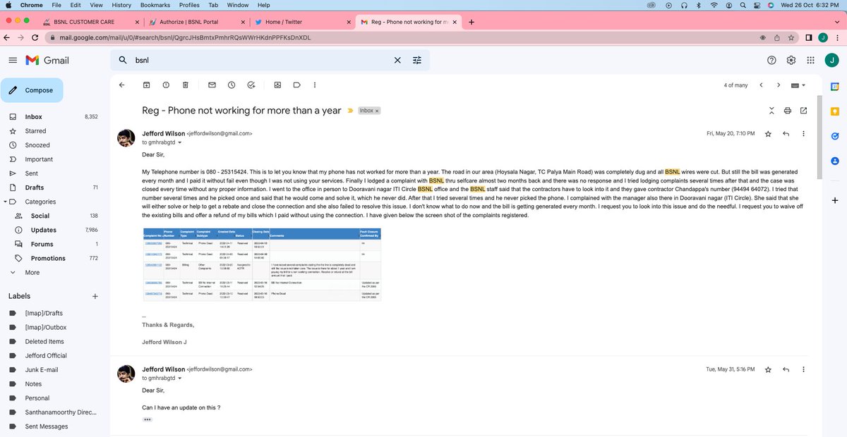 JeffordWilson's tweet photo. @BSNL_KTK @BSNLCorporate Landline no. 080-25315424, It's been more than a year the landline has not worked and still the bill is getting generated. The BSNL landline wire itself is not there. Raised several complaints. No response. Gave letter for disconnection. No response. https://t.co/JYsPi694jC