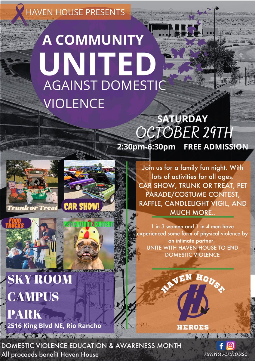 This weekend one of our partners/grantees, Haven House, will be having a family friendly  event complete with a Halloween costume contest, a pet parade, a raffle, and so much more. See flyer attached for more information!

#uwcnm #havenhouse #communitypartner #DVAM