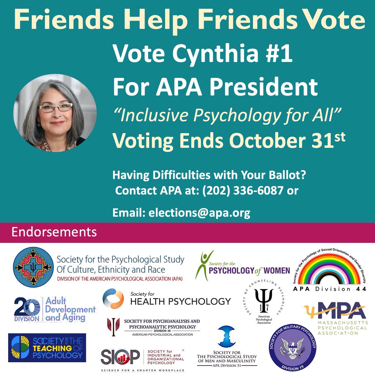 #Cynthia4APA
🔸Friends Help Friends Vote
♦️Voting Ends Oct 31st 
🔸6 Days Left 
♦️Vote Today for <a href="/APA/">American Psychological Association</a> President
🔸Your Vote. Your Voice.
<a href="/apadiv45/">APA Division 45</a> <a href="/APADivision17/">APA Division 17</a> @APADivision44 <a href="/APADivision38/">Health Psychology</a> <a href="/APAdiv35/">APA Division35 SPW</a> @APADiv19 <a href="/SPSMM_D51/">APA Division 51</a> <a href="/SIOPtweets/">SIOP</a> <a href="/apadiv20/">Division 20</a> @TeachPsych <a href="/masspsych/">MPA</a>