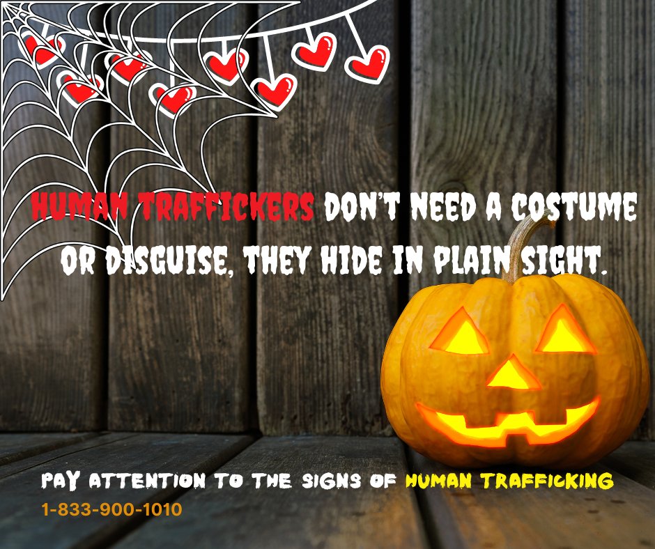 Looking for the scariest #Halloween 🎃 costumes this year? 
The scary thing is, traffickers don’t need a costume or disguise, they hide in plain sight. 
Learn the signs of #humantrafficking.
#EndHumanTrafficking