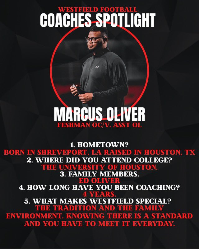 🏈 Coaches Spotlight 💡 Coach @MarcusOliver_MO he does an outstanding job with our OL. This is home for Coach Oliver & he works hard to maintain the tradition that is Westfield Football! We are glad to have him back! Please show him your support and give him a follow!