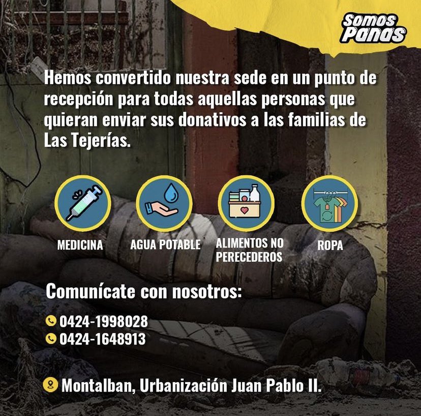 Somos__Panas's tweet photo. ¡Somos centro de acopio! 🏠💛

Cientos de familias han perdido sus hogares, sus bienes personales y a sus seres queridos debido a las lluvias, deslaves y crecidas de ríos de los últimos días en Las Tejerías. 

#apoyo #ccs #donacion #tejerias #ong #Somospanas #ropa #medicina #agua https://t.co/Rqn0qEPk7J