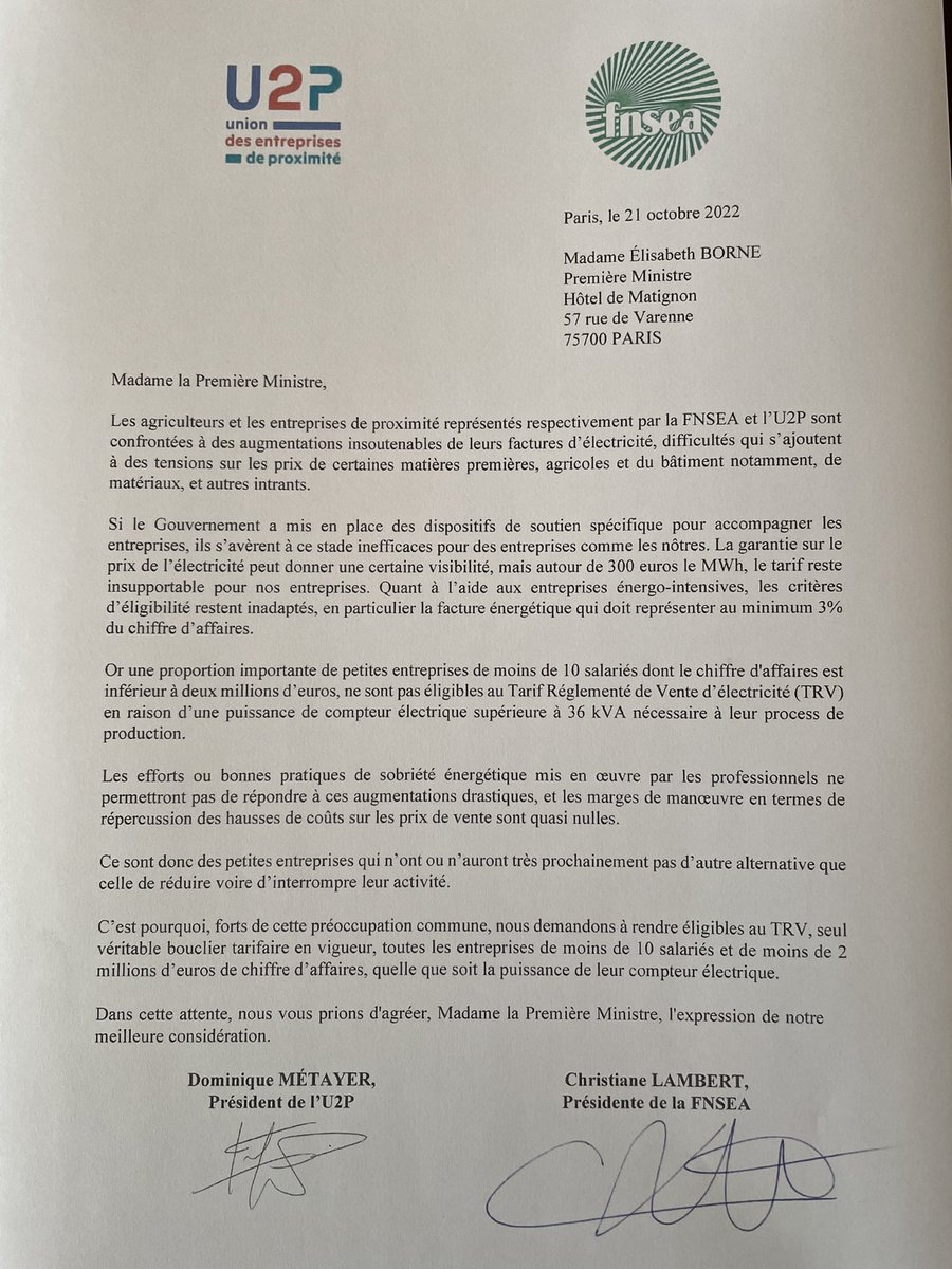 U2P_france's tweet photo. Flambée des prix de l’#Energie : la présidente de la @FNSEA et le président de l’@U2P_france ont écrit à la Première ministre pour lui demander d’étendre le bouclier tarifaire à toutes les entreprises <10 salariés quelle que soit leur niveau de consommation. https://t.co/pa9v9wURWo