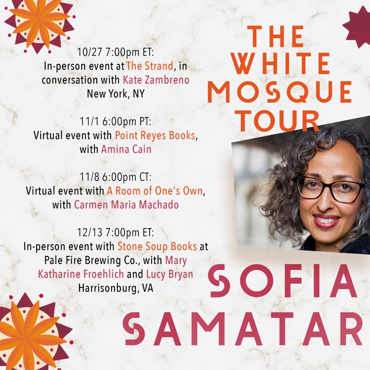 A few events are coming up for Dr. Sofia Samatar's new book The White Mosque. Some are virtual, and one is in person at our own Pale Fire Brewing Company in Harrisonburg! 
Note the different time zones: Nov. 1 is at 9:00 p.m. Eastern, and Nov. 8 is at 7:00 p.m. Eastern.