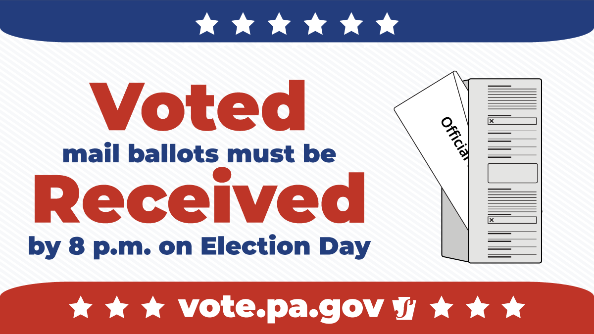 Mail ballots must be RECEIVED by your county board of elections by 8 pm Nov. 8. Postmarks do not count. Return your voted ballot to your county board of elections or other designated locations. vote.pa.gov/ReturnBallot