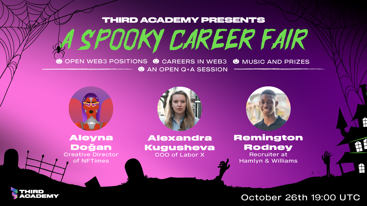 🎃 Spooky Career Fair!! 🎃 #TODAY 19pm UTC Don’t miss out! Because @aleyna_eth, @vurtual_eth & @LaborXNews will share insights into the hiring process, tips, open positions, and we'll talk about which roles are trending right now. #Web3 #Job #JobAlert #HIRINGNOW #Jobs #Crypto
