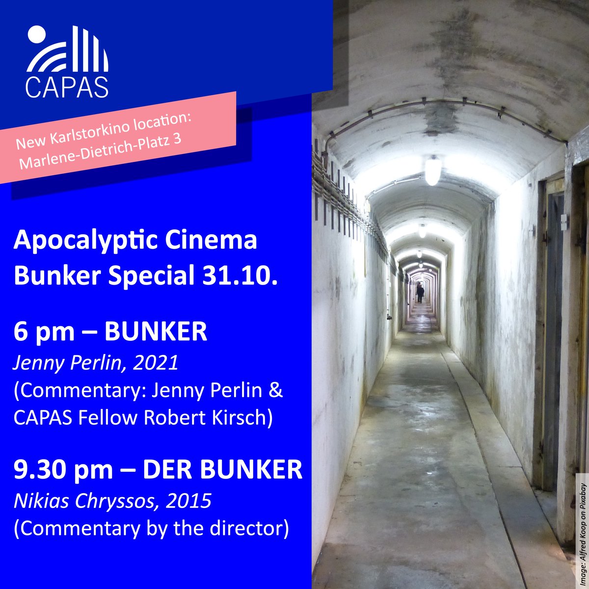 CAPASHeidelberg's tweet photo. Monday, 31.10., our #ApocalypticCinema is continuing! For the opening of the new @karlstorkino (Marlene-Dietrich-Platz 3, Heidelberg) we are organizing a Bunker special: 2 movies, 2 directors present – Jenny Perlin & @NikiasChryssos – and a commentary by our fellow @robertekirsch https://t.co/zJqF4Gnem0