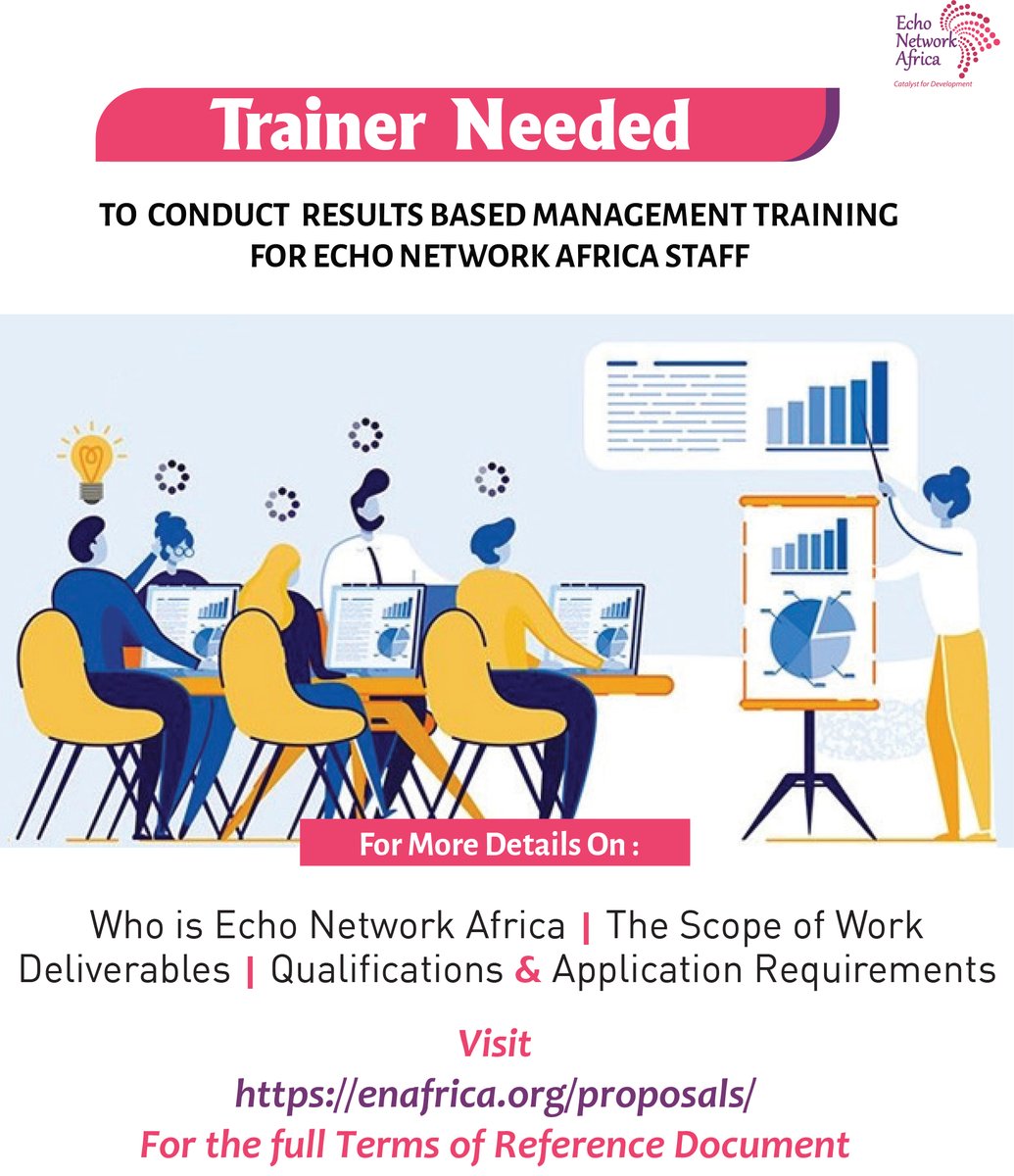 ENAfricaFDN's tweet photo. Trainer/ Consultant needed to conduct Result Based Management Training. For more information click on the following link https://t.co/DYrajb9wxc     #IkoKaziKE #consultantske #trainingkenya #JobsKE https://t.co/aFhBNPkcfB
