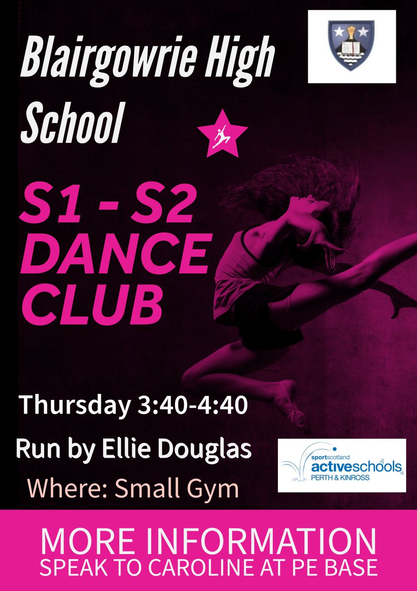 Blairgowrie High Extracurricular 2022 |

NEW clubs for October 2022
🏉 S1-6 Fitness with Rugby- Get fit but have fun
🤸 S1-6 Just Dance- Follow the online video &amp; dance
🤸‍♀️ S1-2 Dance Club- Learn new dance moves 
👉All clubs starting back next week
 <a href="/BlairgowrieHS/">Blairgowrie HS</a> <a href="/BlairgowriePE/">Blairgowrie HS PE</a>