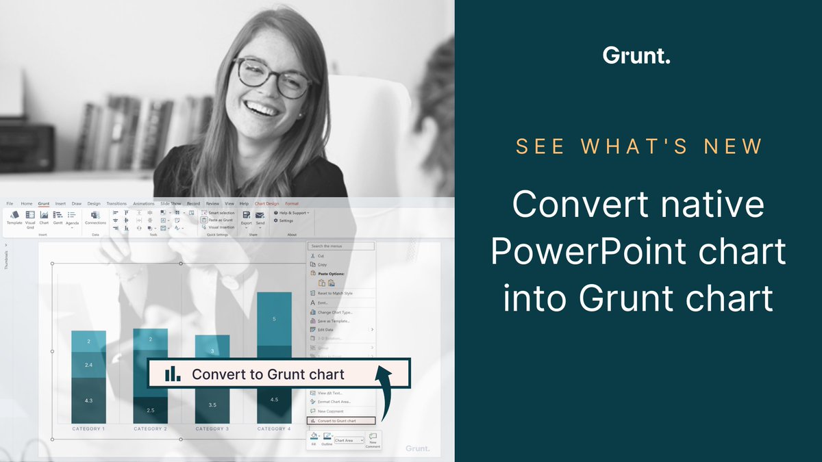gruntpro's tweet photo. Do you want to bring those old charts lying around PowerPoint into Grunt? 📊

You can right-click any native chart and find the new "Convert to Grunt chart" option in the context menu. 🎯

Get the same data, size, and position as the original. 💥

#charts #PowerPoint https://t.co/qvCQosuBo6