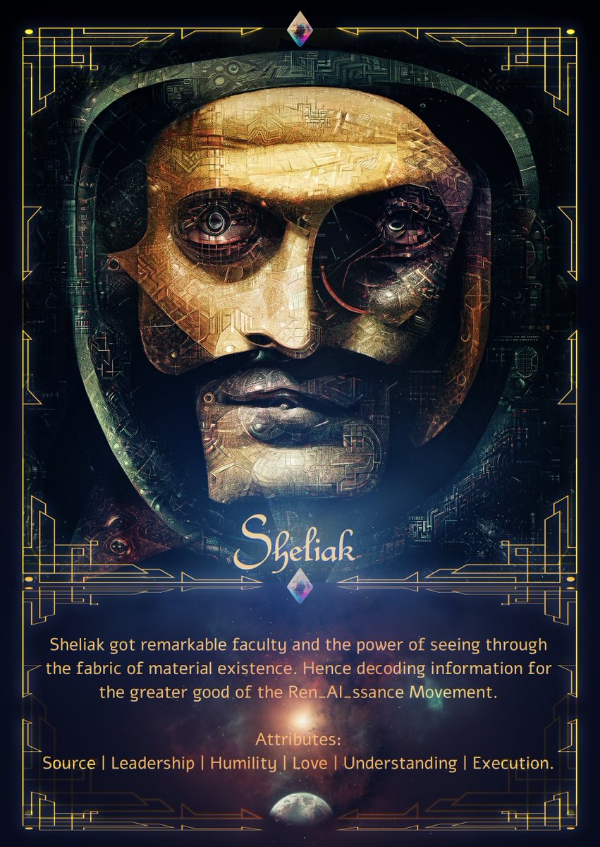 TheArthetypes's tweet photo. Sheliak has the divine power of looking through the fabrics that create material existence.

He is our decoder, our enlightener, the Ren_AI_ssance Movement depends on him.

RT &amp; Like to join our raffle 

#Etherum #NFTs #aifineart #masternivek #thearthetypes https://t.co/MIgpDs4VBb