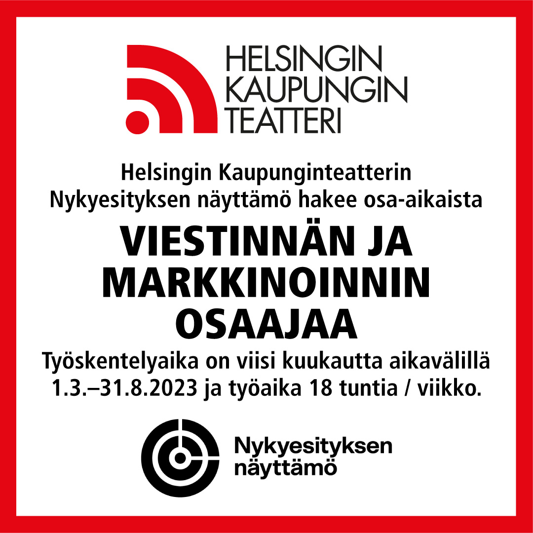 Etsimme Nykyesityksen näyttämö -projektiimme osa-aikaista viestinnän ja markkinoinnin osaajaa 1.3. – 31.8.2023. Lue lisää ja lähetä hakemus 13.11. mennessä 👉
hkt.fi/toihin
#hktfi #viestintä #markkinointi #rekry #töihinteatteriin #nykyesityksennäyttämö