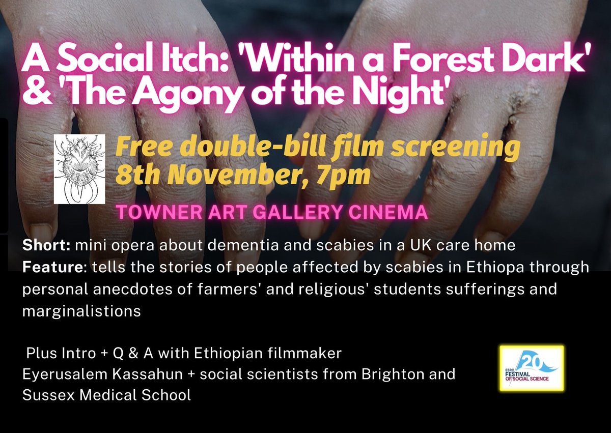 Join staff from @BSMSMedSchool for a FREE special screening of films about the social and political experience of scabies locally and globally – part of @ESRC's #FestivalofSocialScience!

🗓 Tues 8 Nov: 7pm
📍 @TownerGallery Cinema
➡️ Find out more & book: bit.ly/3SDwRsE