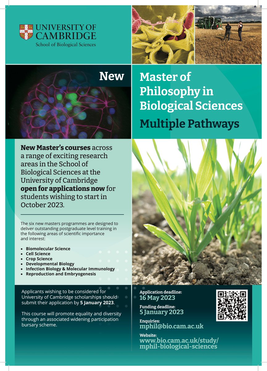 Lots of new MPhil opportunities within <a href="/Cambridge_SBS/">School of Biological Sciences</a> - details of the programmes &amp; funding 👉 bio.cam.ac.uk/study/mphil-bi…