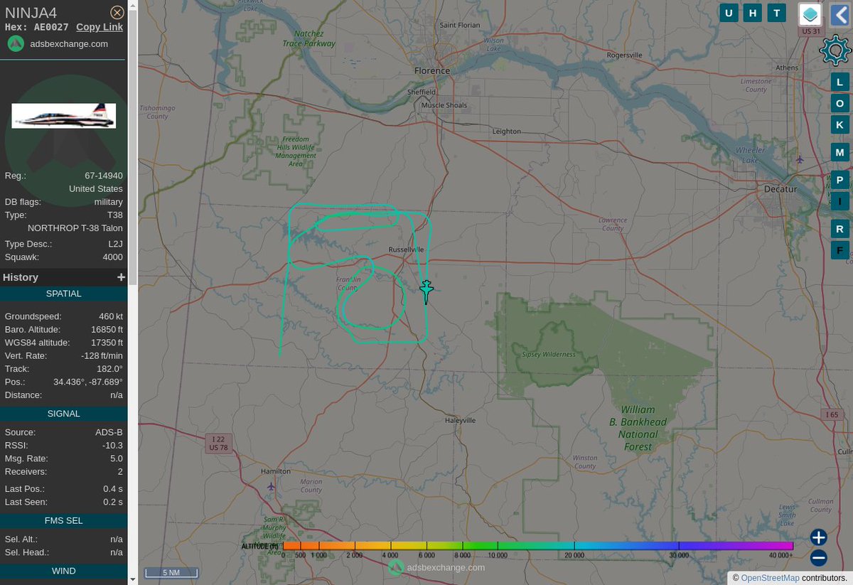 Radar_Assistant's tweet image. MULTI ADSBX MANOEUVRING ALERT : At time Wed Oct 26 14:06:33 2022 #NINJA4   was likely to be manoeuvring at FL141 14nm from HAB Hamilton_VORTAC_US
 near Alabama Highway 187, Glasgow Corner, Franklin Coun #AvGeek #ADSB globe.adsbexchange.com/?icao=AE0027&amp;amp;z…