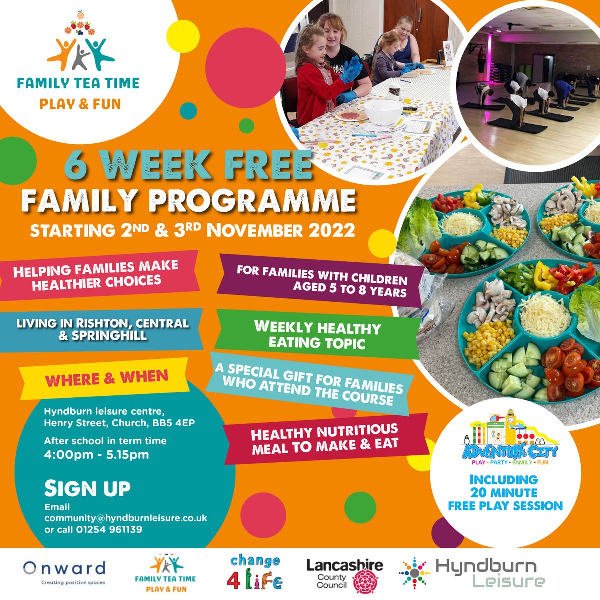 Hyndburn Leisure (@hyndburnlt) on Twitter photo Focusing on helping families make healthier choices.
🍎🎨 With FREE session for parents/carers & children to attend every week at Hyndburn Leisure centre & with 20 minute free play in Adventure City.
To book & for more info
✉️community@hyndburnleisure.co.uk
📞01254 961139 Focusing on helping families make healthier choices.
🍎🎨 With FREE session for parents/carers & children to attend every week at Hyndburn Leisure centre & with 20 minute free play in Adventure City.
To book & for more info
✉️community@hyndburnleisure.co.uk
📞01254 961139