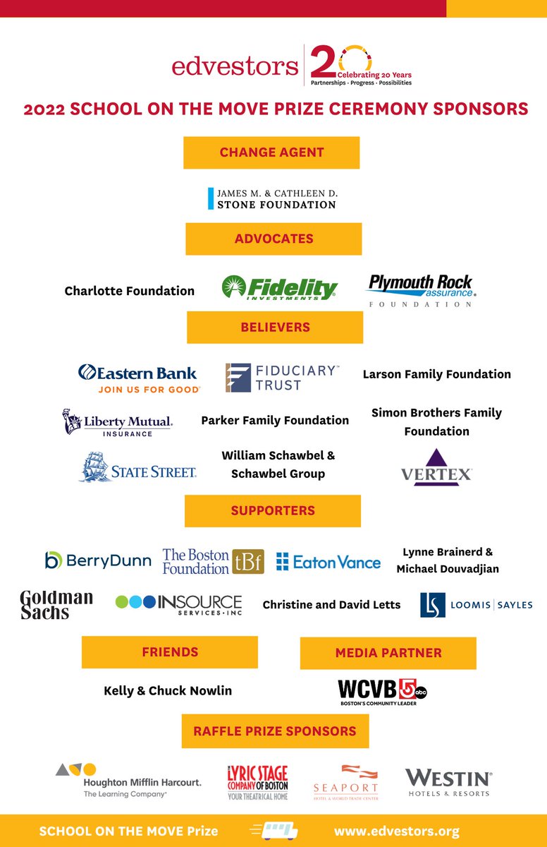 EdVestors's tweet photo. Special thanks to our #SchoolonMove sponsors, especially the James M. and Cathleen D. Stone Foundation, @PlymouthRock Foundation, @Fidelity, the Charlotte Foundation, @LibertyMutual and @StateStreet! https://t.co/edybCE1dlQ