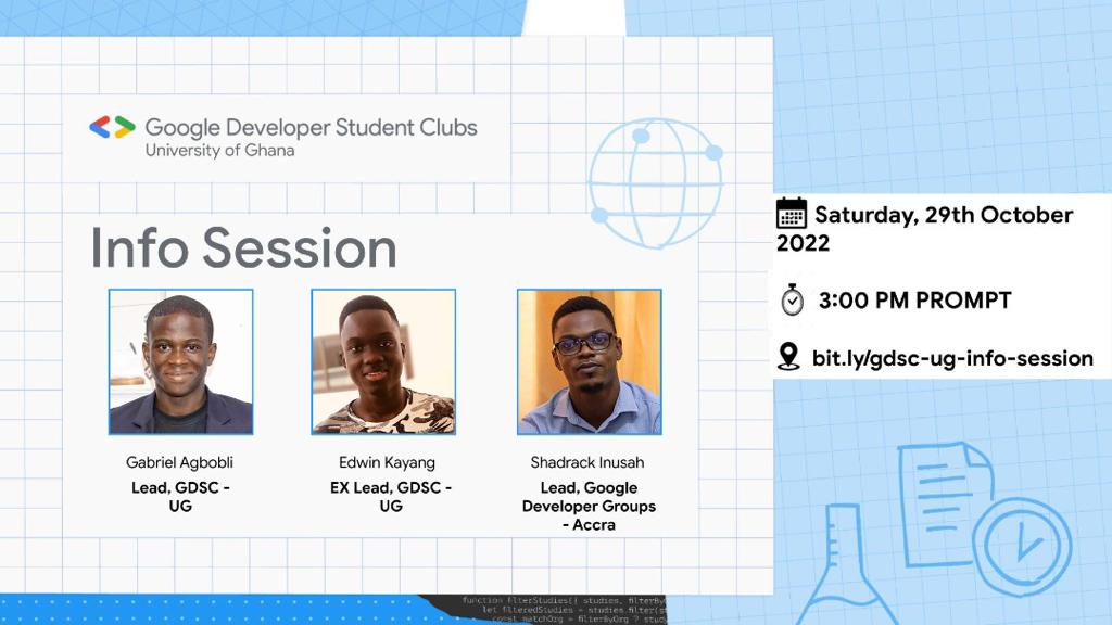 gdsc_ug's tweet photo. As a club, we are elated to announce our maiden meeting. On Saturday 29th October at 3:00PM GMT we have three panelists who are going to have a brief info session to kick start our chapter as GDSC, UG. 

RSVP for this event- https://t.co/KPIalsM7iQ https://t.co/7P5Uks46UH