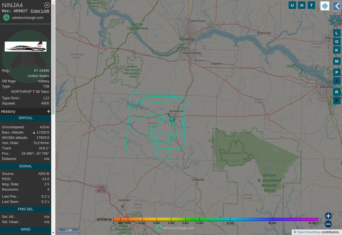 Radar_Assistant's tweet image. MULTI ADSBX CIRCLING ALERT : At time Wed Oct 26 14:14:32 2022 #NINJA4   was likely to be circling at FL168 18nm from MSL Muscle_Shoals_VORTAC_US
 near Franklin County, Alabama, United States #AvGeek #ADSB globe.adsbexchange.com/?icao=AE0027&amp;amp;z…