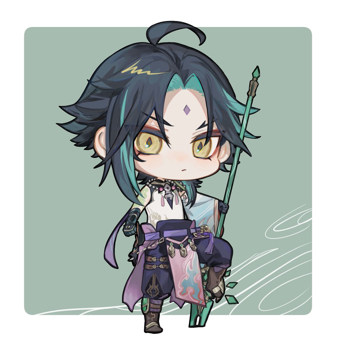 xiao (genshin impact) 1boy male focus solo weapon chibi yellow eyes polearm  illustration images