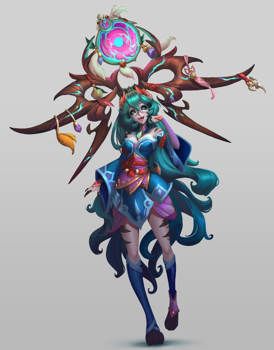 Gyzra's tweet photo. Earlier this year, I was lucky enough to study Stylized Character Design with @Davidsyk at @cgverse. ✨
My final concept was a Vastayan League of Legends champion who captures spirits and summons them to her side. Meet Shahla, I hope you like her! 
(More images below) https://t.co/HKLptHuV8p