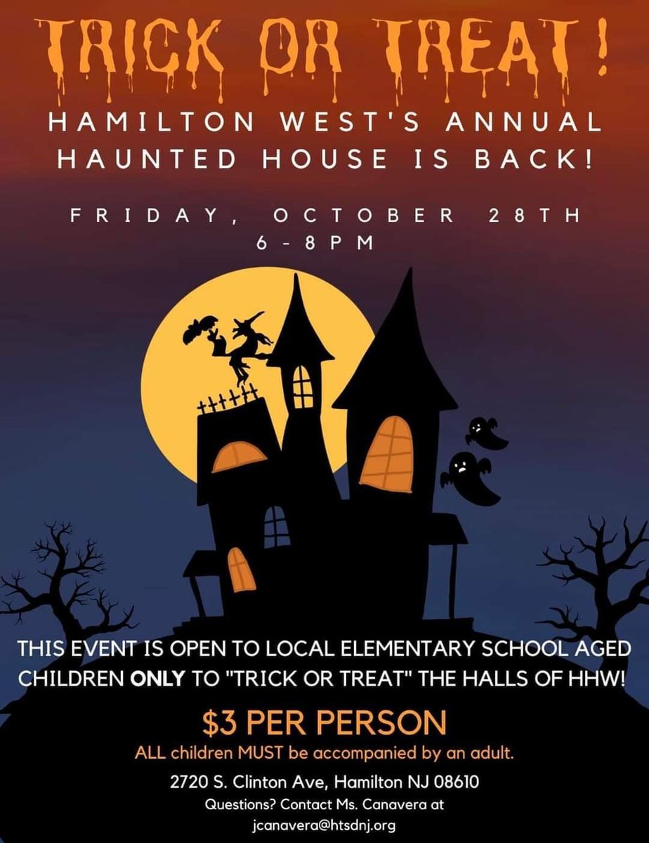 📣 Mark your Calendars 🎃 Trick or Treat with the Hornets! 👻 🏡 @HTSD_West 🗓 October 28th 🕰 6 - 8pm 💰 $3. per person #HTSD #HTSDpride @ScottRRocco @HTSDSecondary @WestVP_Flanagan @LauraGeltch @HTSD_HR @HornetBands @HTSDCurriculum @HamiltonTwpNJ