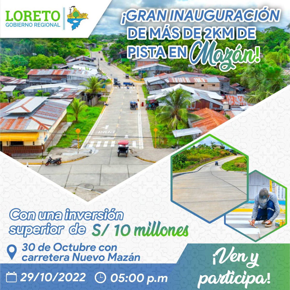 GoreLoretoOf's tweet photo. 🛣️ ¡GRAN INAUGURACIÓN DE 2KM DE PISTA EN MAZÁN!
🛺 El gobernador regional, Lic. Elisban Ochoa Sosa, inaugurará esta importante obra que mejora la transitabilidad vehicular y peatonal en dicha localidad.
¡Te esperamos!
#GOREL
#CompromisoConTodos
#NoBajemosLaGuardia https://t.co/yvCUMuIeU3