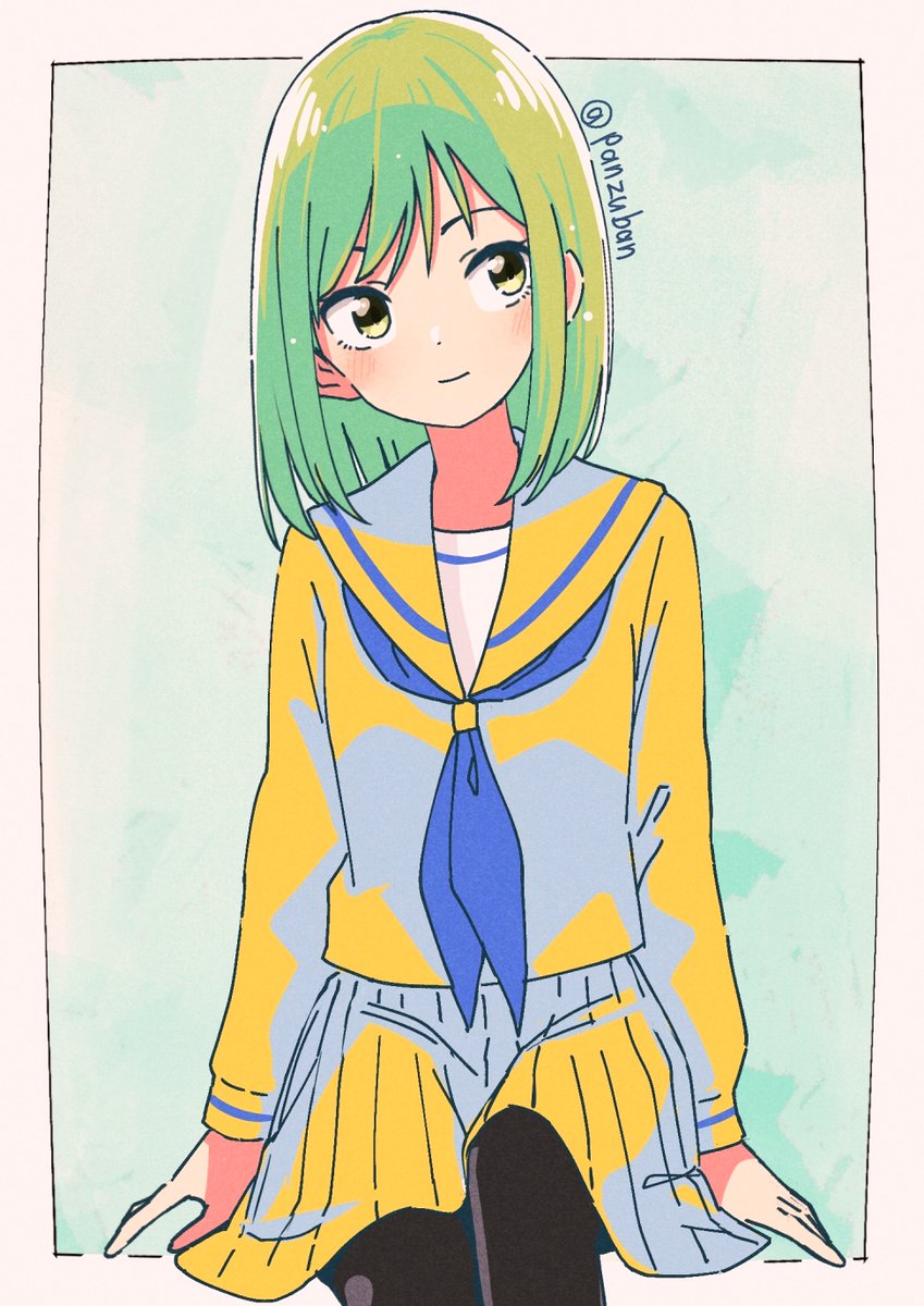1girl solo skirt green hair pantyhose school uniform pleated skirt  illustration images
